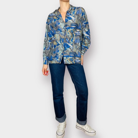 90s S.I.N.Y. Blue‎ Aqua Gray Abstract Print Silk Shirt - Picture 2 of 9